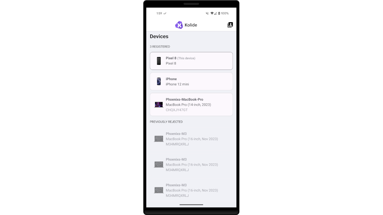 A screenshot of the Kolide Mobile app. It shows a list of devices with corresponding icons and names.