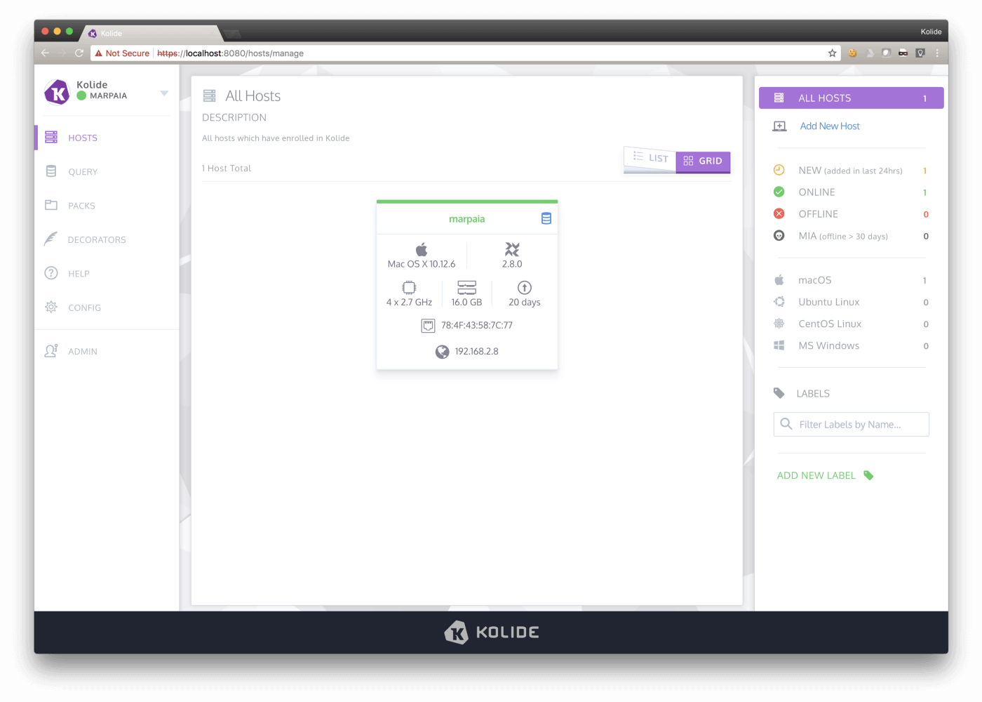 The manage hosts screen showing the newly added host