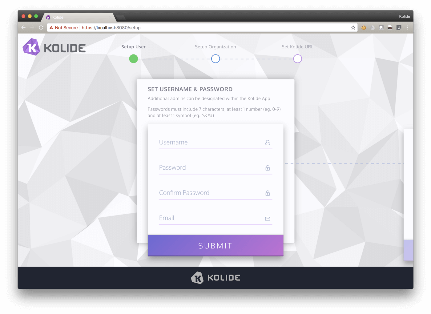A screenshot of Kolides' localhost setup flow. This shows a form to set up a username, password and to enter an email address.