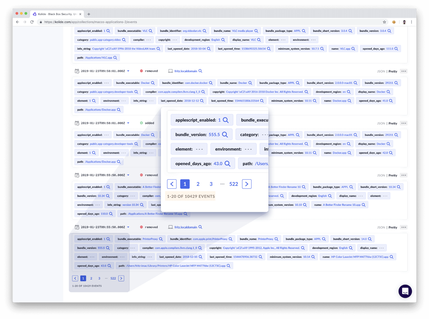 a screenshot of the events on a device shown in the kolide web application