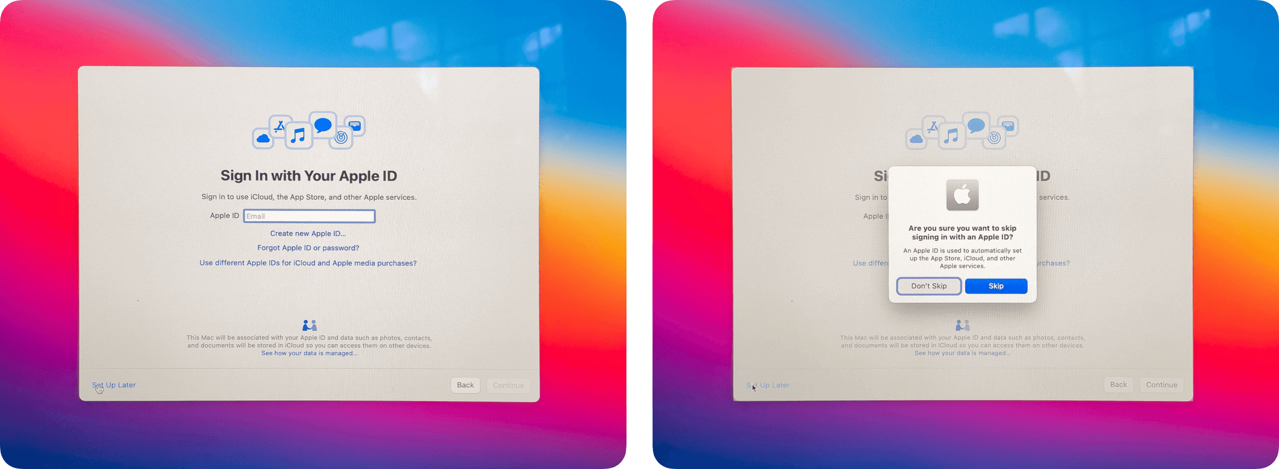 Two side-by-side photographs showing two initial setup screens shown to a user when setting up a brand new Mac