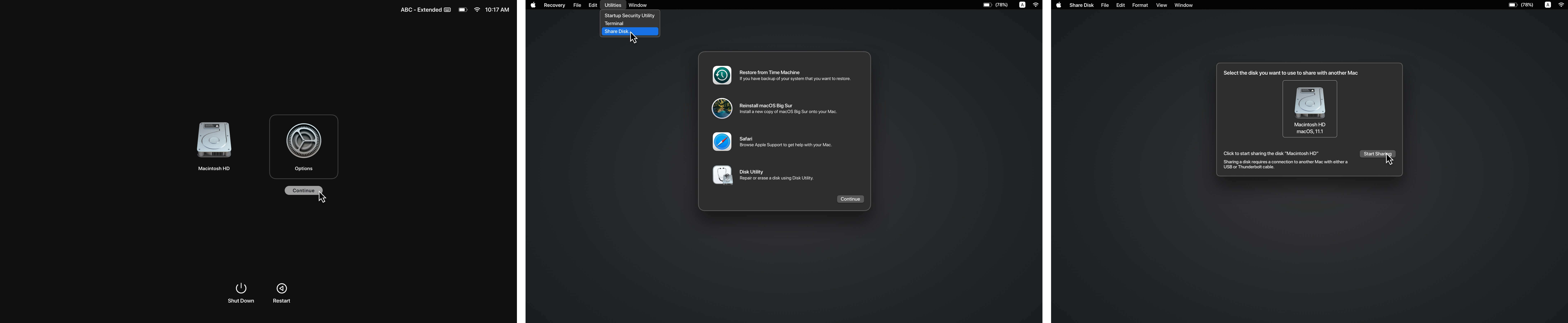 Three screenshots of the macOS Recovery Mode process on an M1 Mac