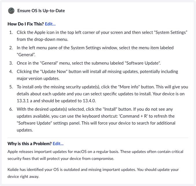 A screenshot of the Slack app showing an end-user how to fix an iTerm2 vulnerability