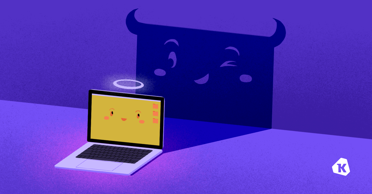 A graphic showing a smiling laptop with a halo accompanied by a shadow casted behind the laptop with horns instead of a halo